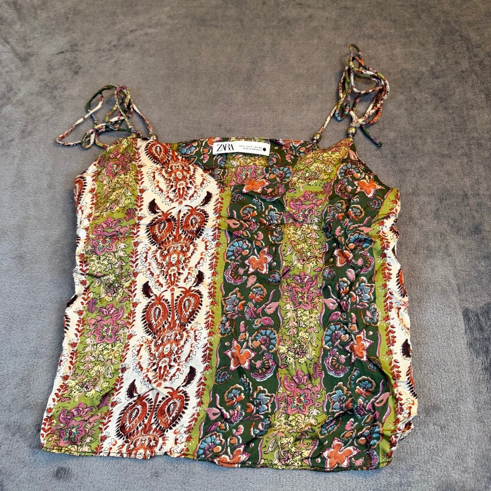 Zara Boho Paisley Floral Tank Top Womens Small Multicolor Beaded Tie Strap